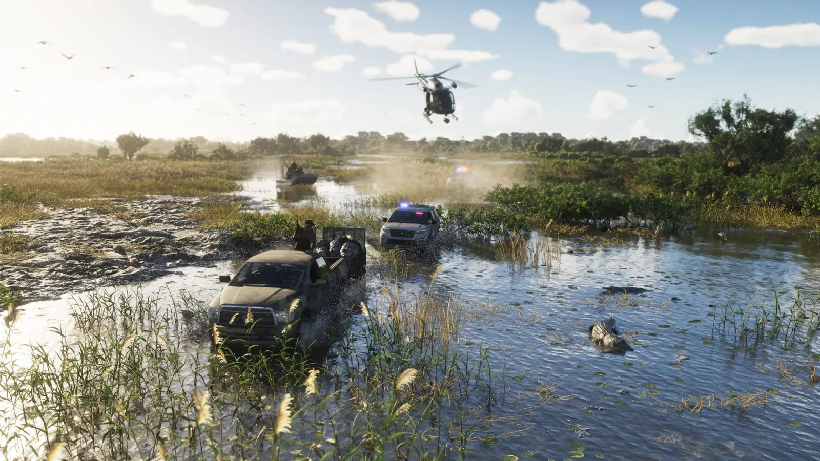 Caimanes en el pantano de Grassrivers mientras una camioneta huye de la policía en GTA 6