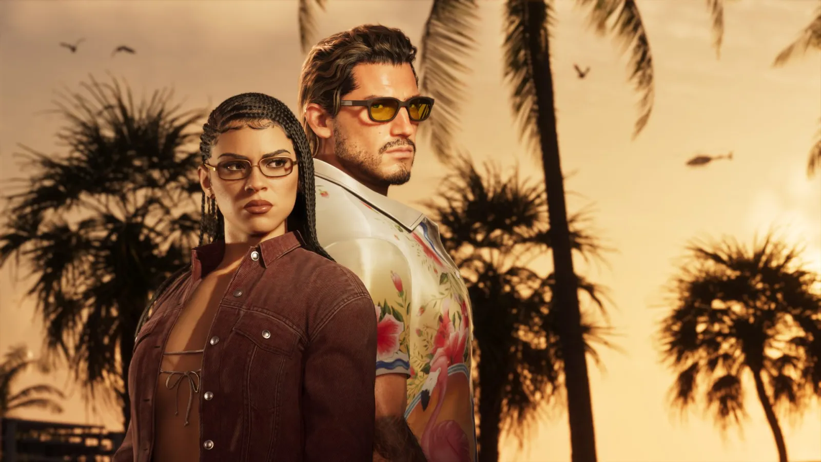 Lucia y Jason con ropa nueva entre palmeras en el arte promocional de GTA 6 Ultimate Edition