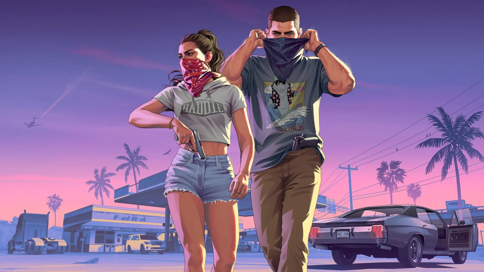 Lucia y Jason se cubren la cara con pañuelos junto a una gasolinera en el arte de GTA 6 An Extended Look