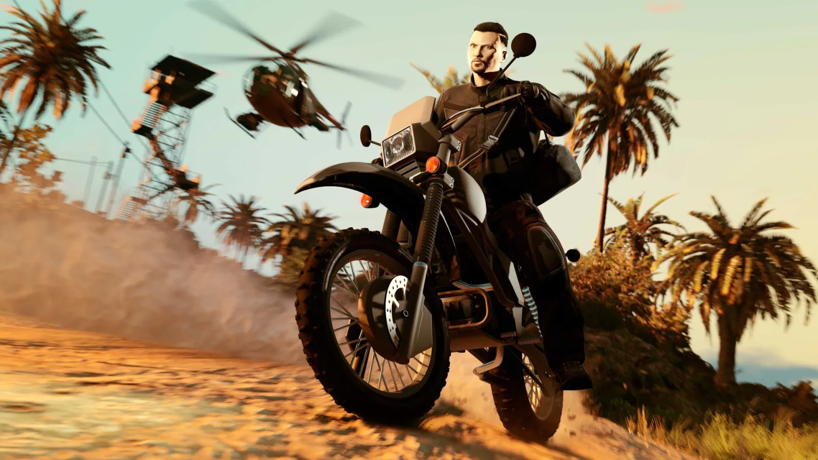 Мотоцикліст на ґрунтовій дорозі серед пальм, позаду гелікоптери — GTA Online