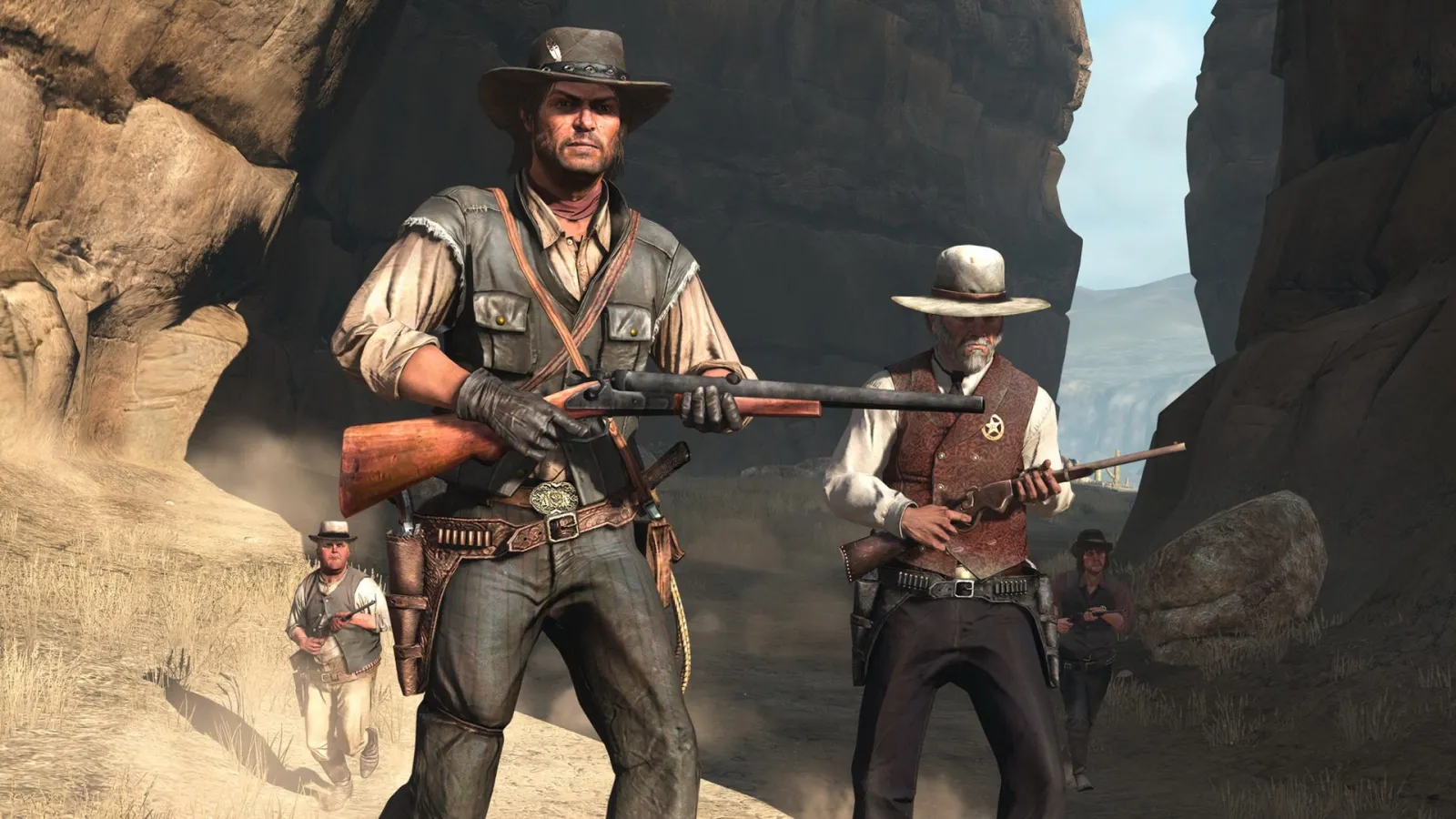 John Marston z bronią w kanionie w Red Dead Redemption