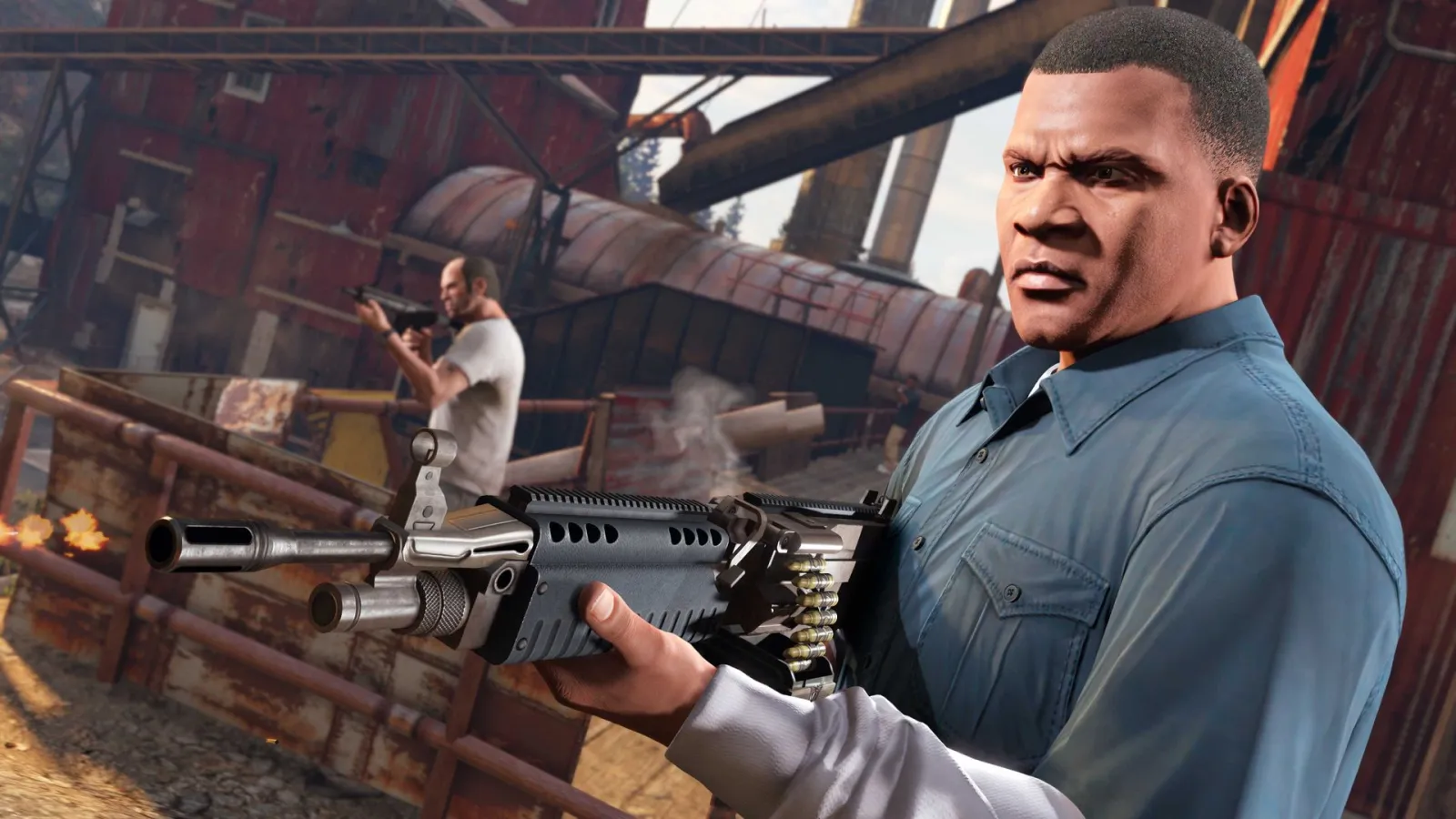Франклін із кулеметом у перестрілці на заводі — офіційний кадр GTA Online