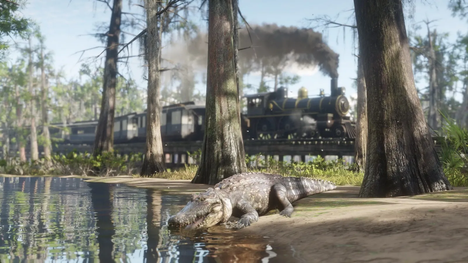 Red Dead Redemption 2de bataklık kıyısında bir timsah, arkada geçen tren
