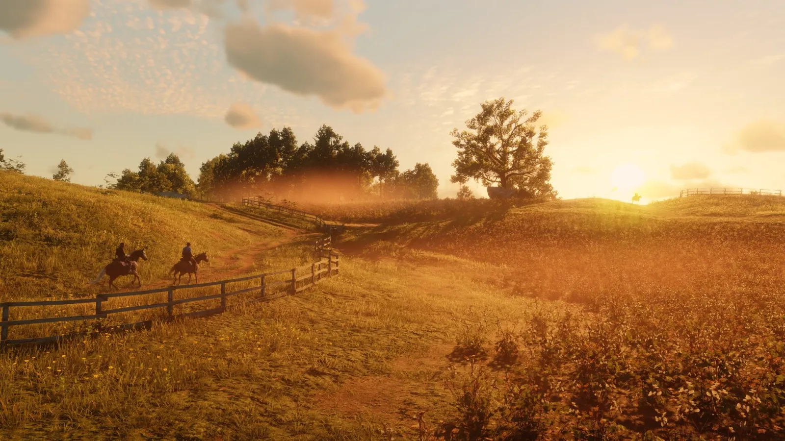 Dwóch jeźdźców przemierza złote pola o zachodzie słońca — Red Dead Redemption 2
