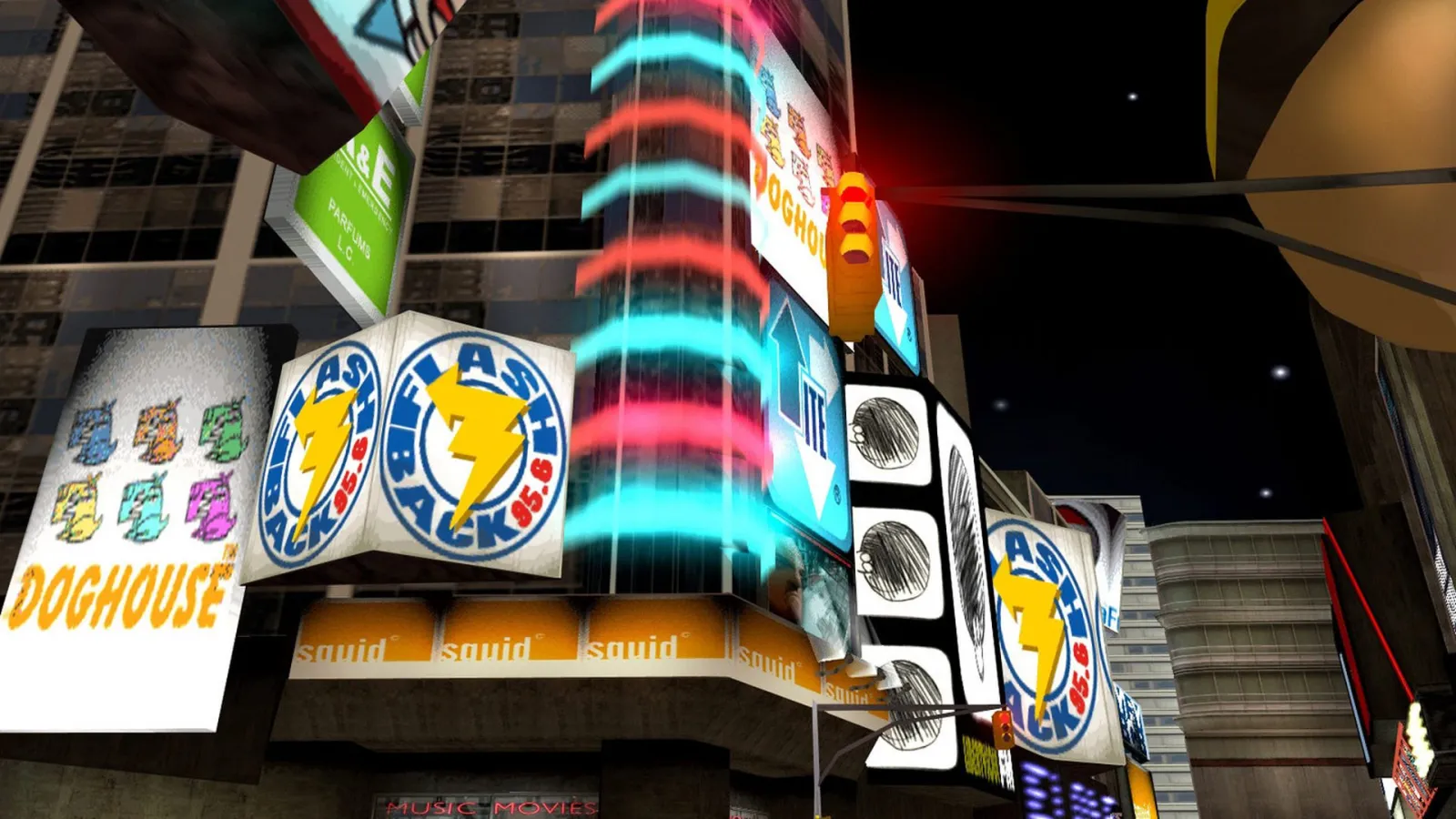 Orijinal GTA III oyununda neon reklamlı gece Liberty City sokağı