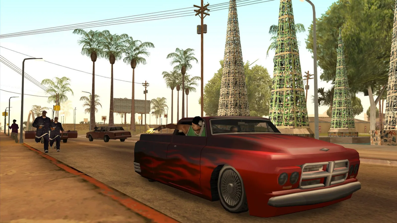 Orijinal GTA San Andreas’ta alev desenli kırmızı bir üstü açık araba Los Santos sokağında ilerliyor