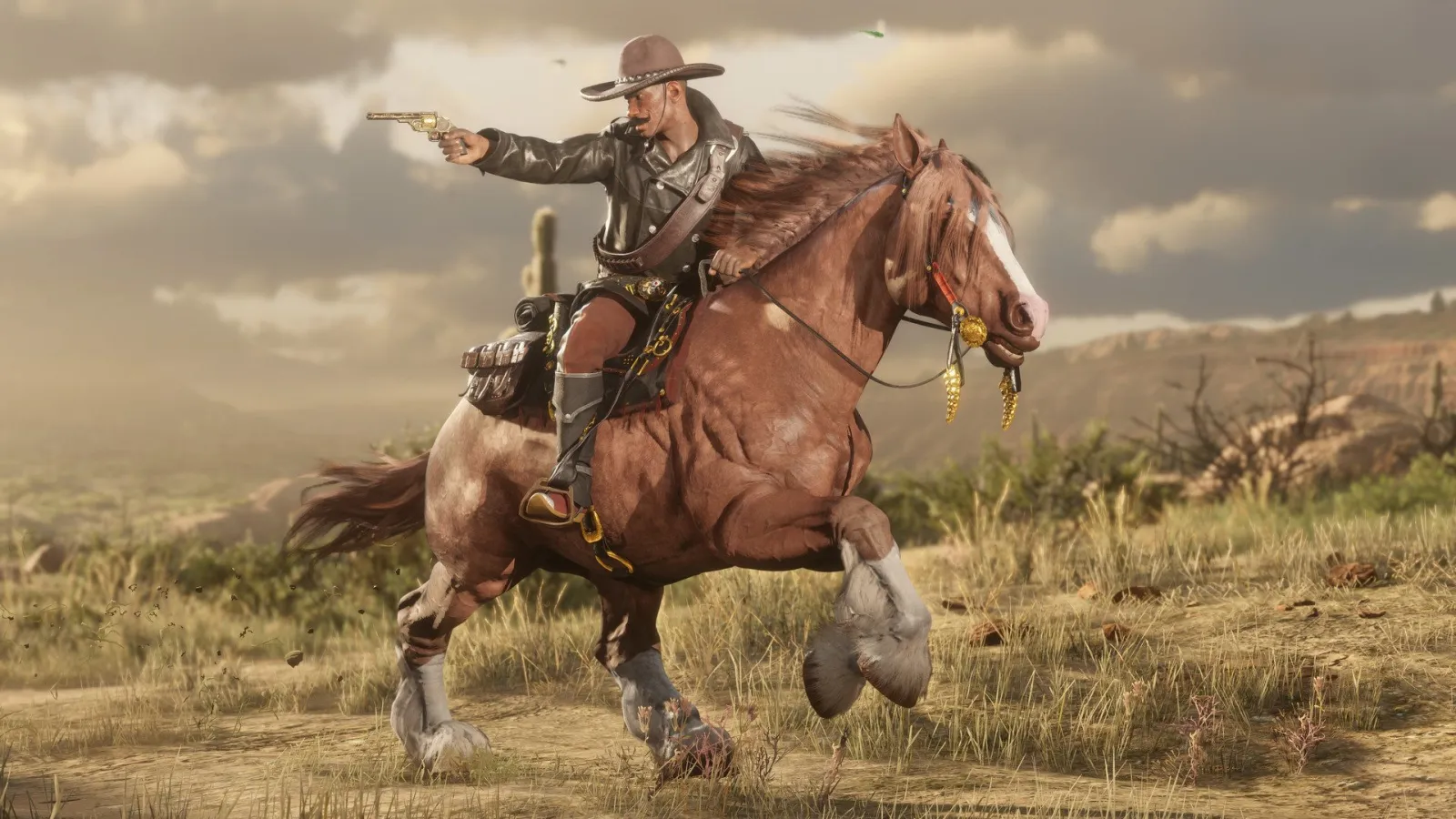 Dörtnala koşan doru atın üstünden tabanca ateşleyen bir binici — Red Dead Online