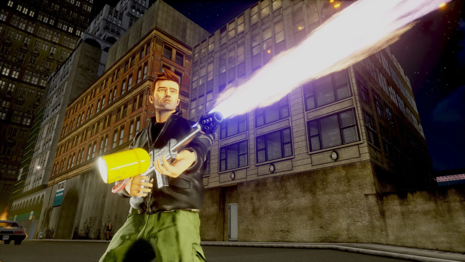 GTA III Definitive Edition’da Claude gece Liberty City sokağında alev silahı ateşliyor