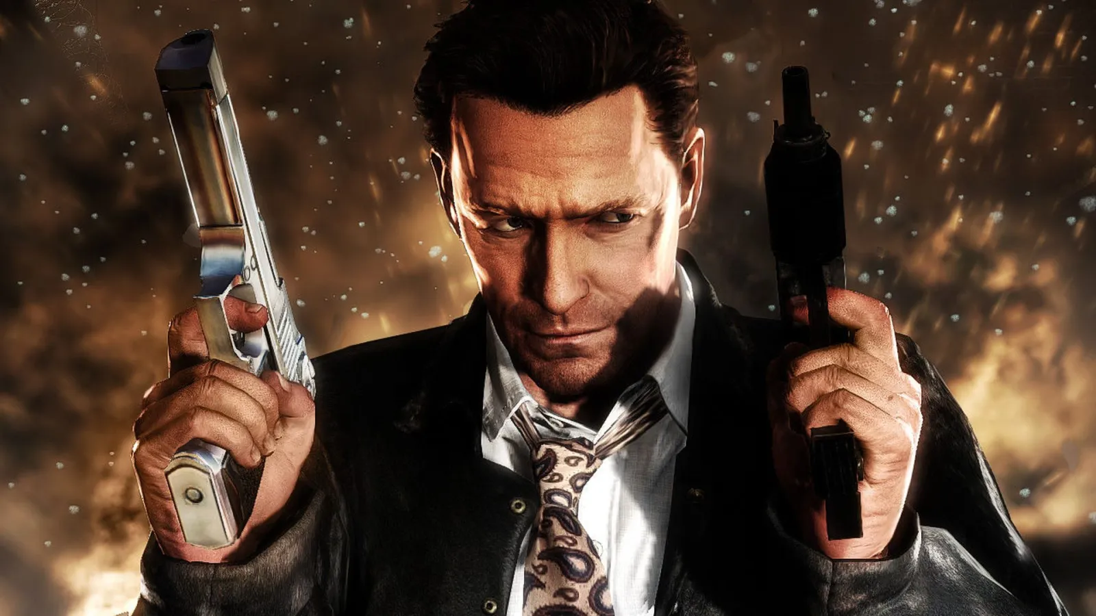 Макс Пейн у костюмі тримає два пістолети на тлі вогню — Max Payne 3