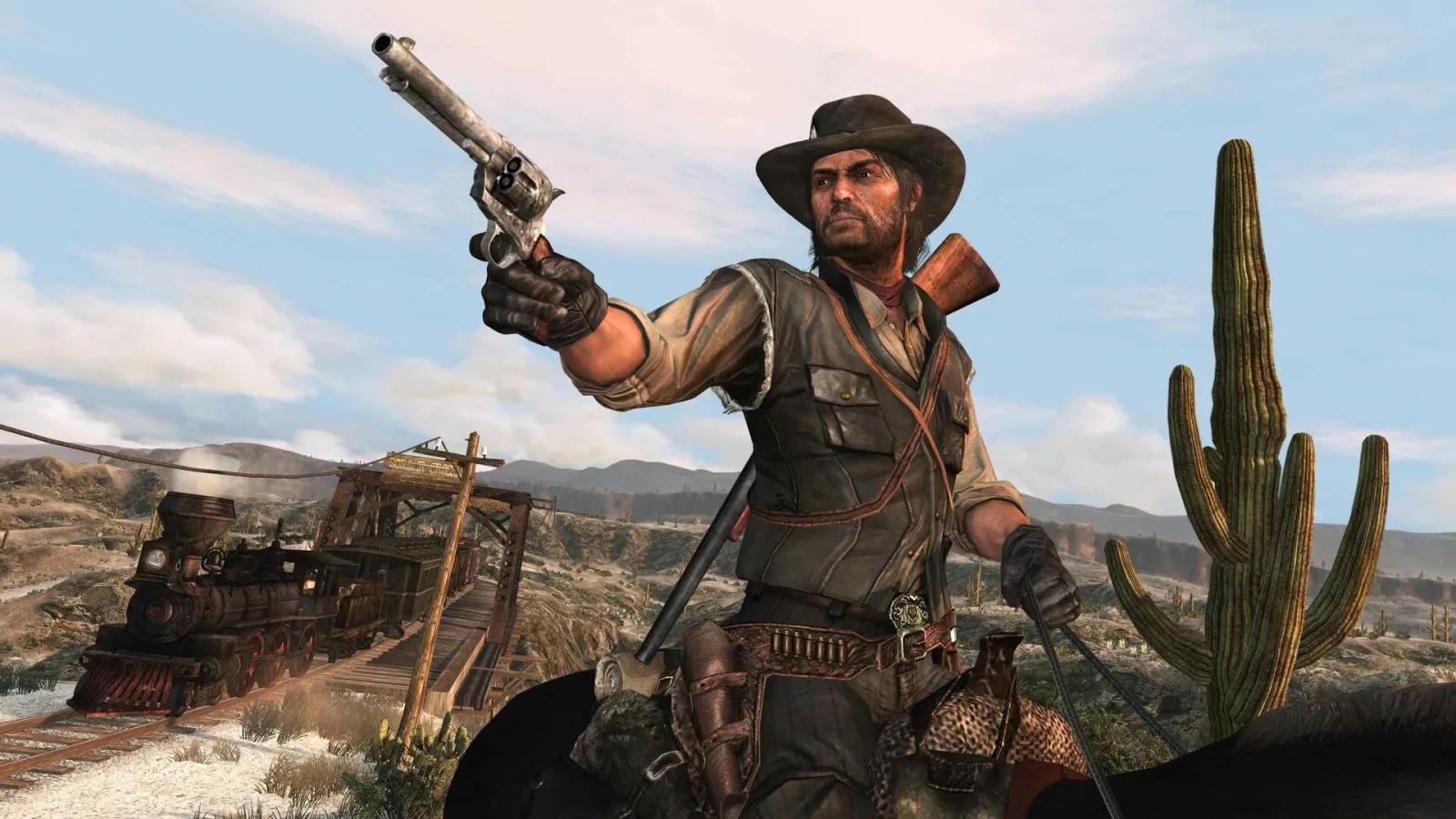 Çöl ve tren önünde tabancalı John Marston — Red Dead Redemption