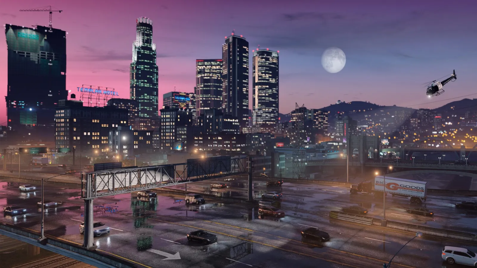 Нічний Лос-Сантос із хмарочосами та розв’язкою в GTA V Enhanced