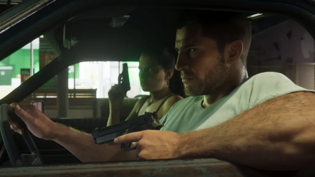 Jason conduce mientras Lucia sostiene una pistola en el asiento del copiloto en GTA 6