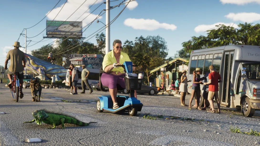 Una iguana verde en la carretera y un perro en una calle de Leonida Keys en GTA 6