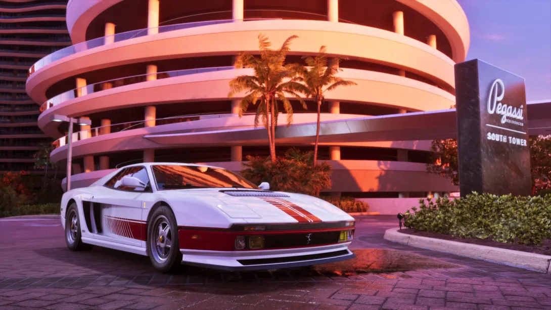 Un Grotti Cheetah del 95 blanco con franjas rojas frente a una torre de Vice City en GTA 6 Ultimate Edition