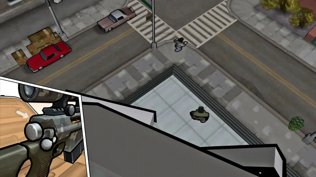 GTA Chinatown Wars oyununda bir kavşağa çatıdan nişan alan keskin nişancı tüfeği
