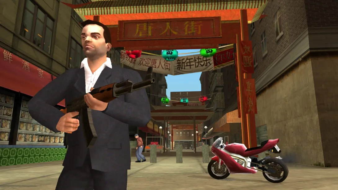 GTA Liberty City Stories oyununda Chinatown kapısında tüfekli Toni Cipriani