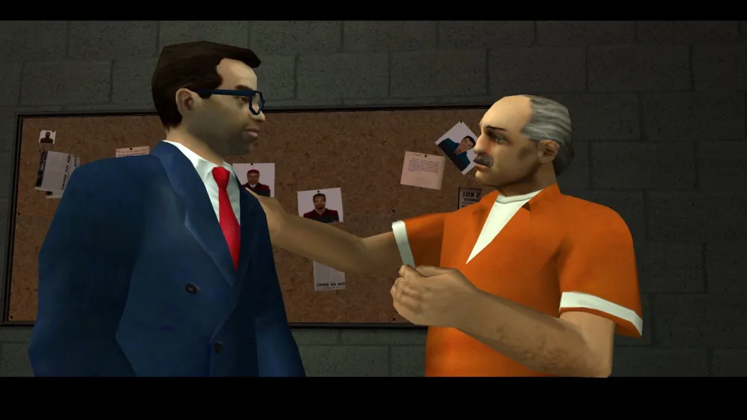 GTA Liberty City Stories ara sahnesi: takım elbiseli adam ve turuncu tulumlu mahkum