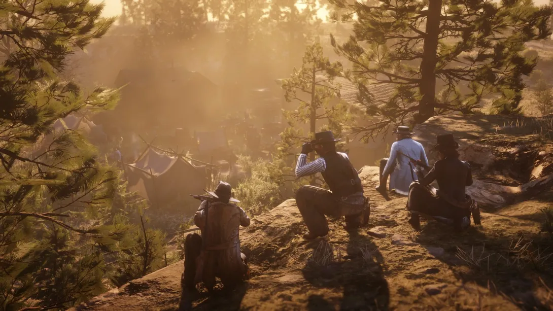 Члени банди відпочивають у таборі в сонячному лісі — Red Dead Redemption 2