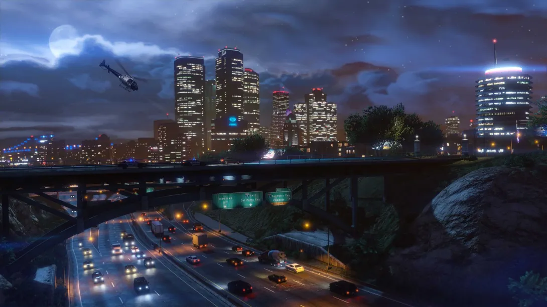 Нічний Лос-Сантос: хмарочоси, автострада і гелікоптер у небі — GTA Online