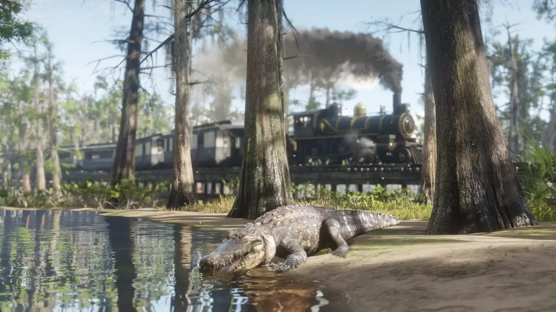 Pociąg i aligator na bagnach Lemoyne w Red Dead Redemption 2