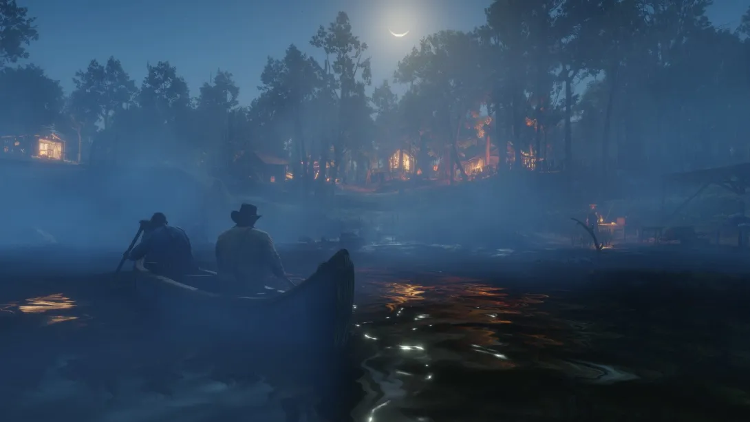 Gece gölde kanodaki iki adam, kıyıda ateşler yanıyor — Red Dead Redemption 2
