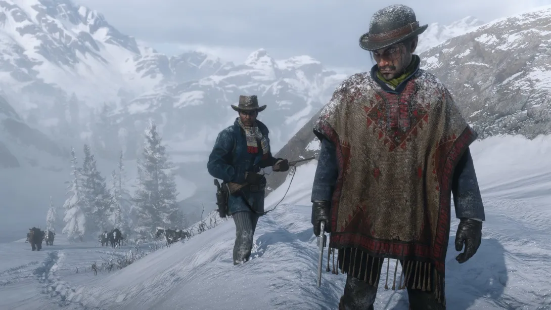 Arthur Morgan i John Marston w zaśnieżonych górach na początku Red Dead Redemption 2