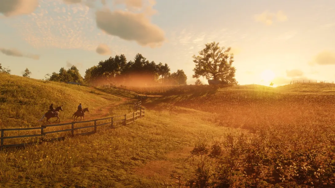 Red Dead Redemption 2de atlılar şafakta altın tarlalardan geçiyor