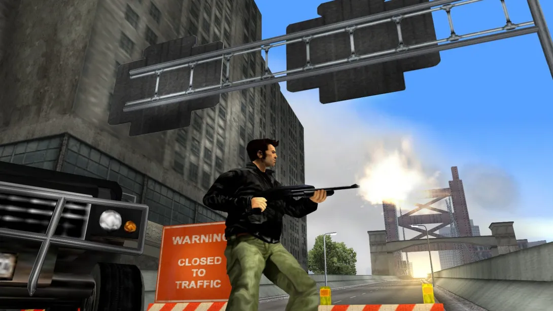 Orijinal GTA III’te Claude trafiğe kapalı yol bariyerinin yanında tüfekle ateş ediyor