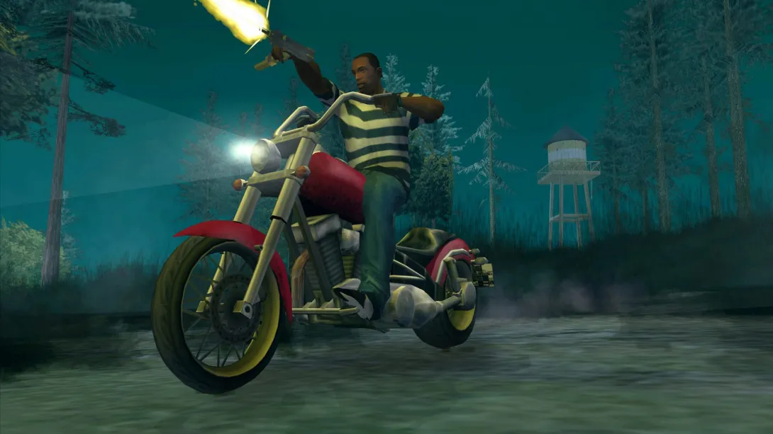 GTA San Andreasta CJ gece motosiklet sürerken ateş ediyor