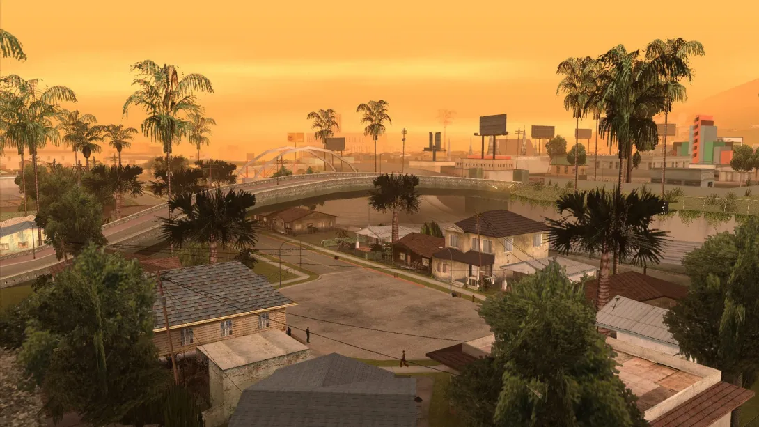 Widok na przedmieście Los Santos z palmami i autostradą o zachodzie słońca w oryginalnym GTA San Andreas