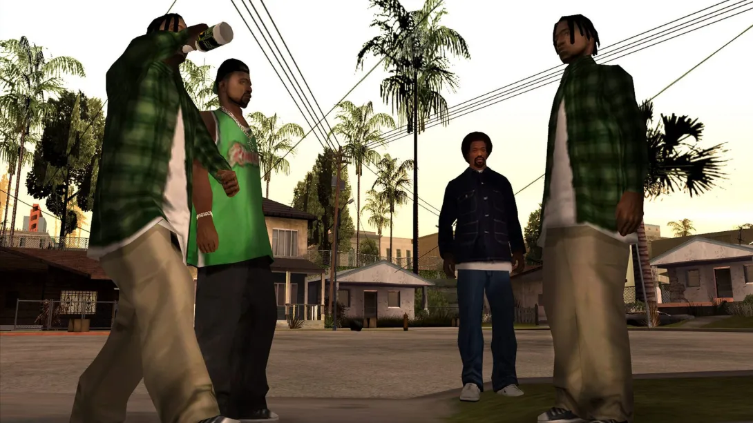 Члени банди Grove Street у зелених сорочках на вулиці Лос-Сантоса — оригінальна GTA San Andreas