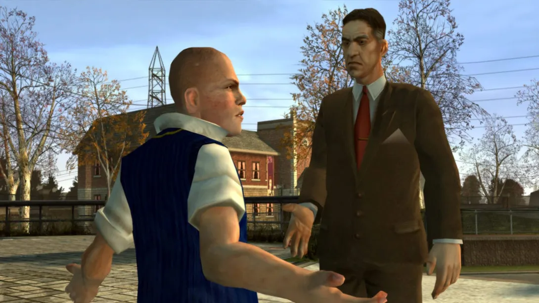 Jimmy w szkolnym mundurku rozmawia z nauczycielem na dziedzińcu Bullworth w Bully