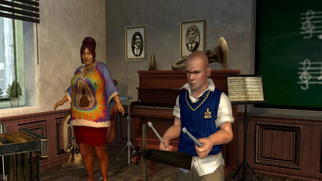 Jimmy gra na ksylofonie podczas lekcji muzyki w Bully