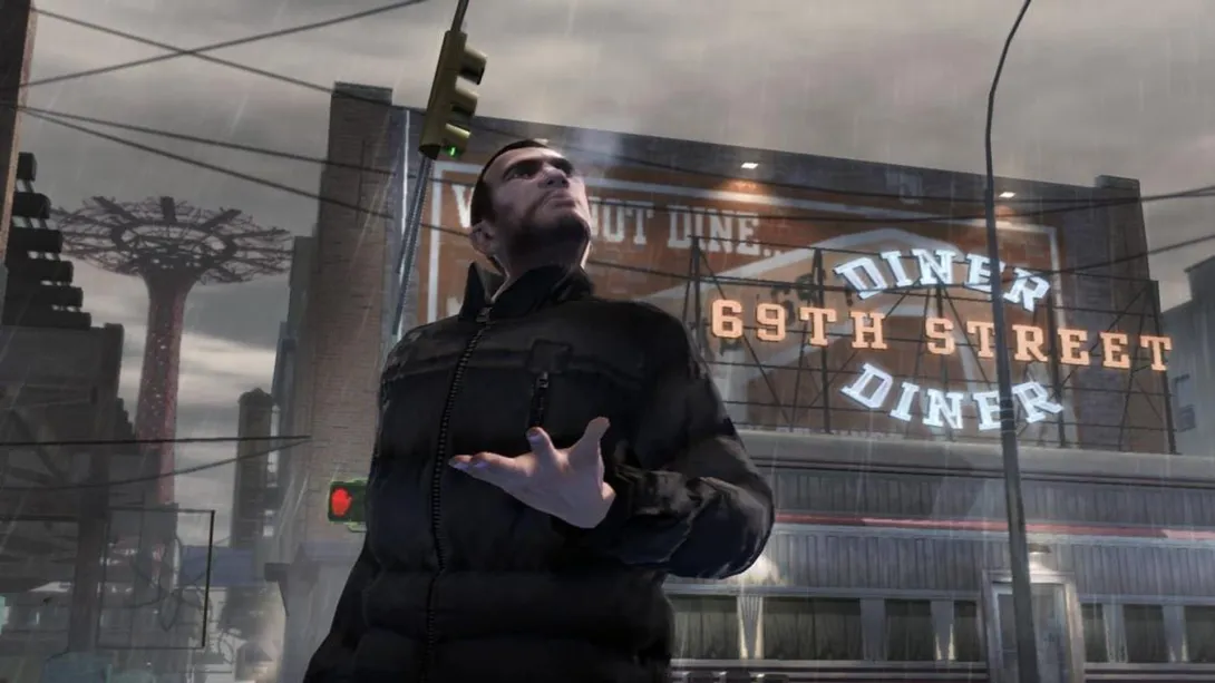 Ніко Беллік розводить руками біля неонової вивіски закусочної — GTA IV