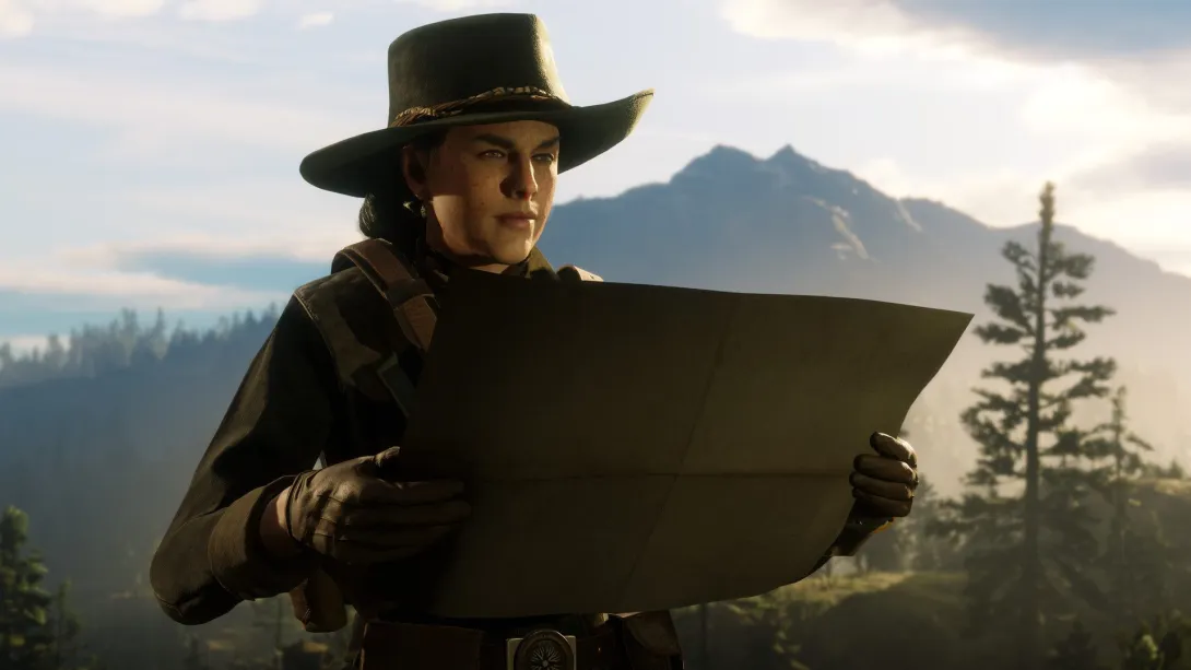 Şapkalı bir kadın dağların önünde haritayı inceliyor — Red Dead Online