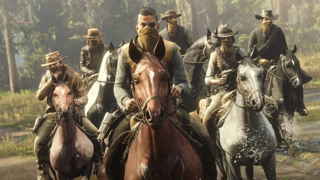 Ormanda dörtnala giden bir atlı grubu — Red Dead Online