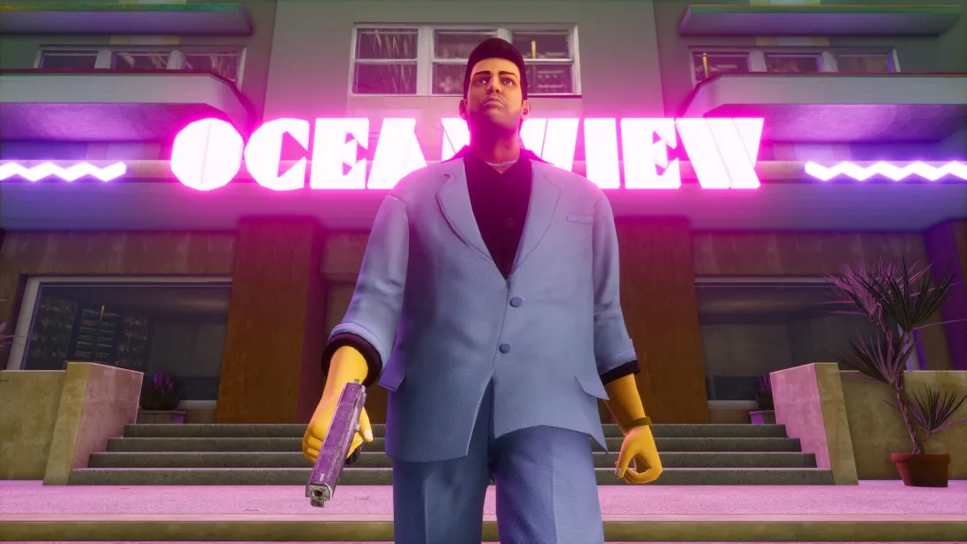 Томмі Версетті біля готелю Ocean View — GTA Vice City Definitive Edition