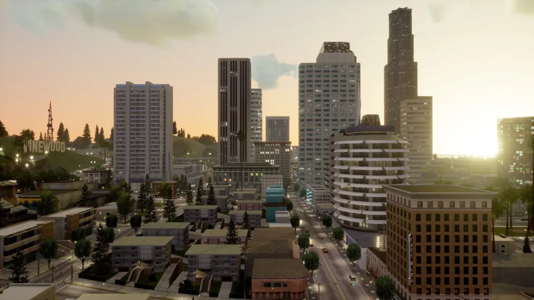 GTA San Andreas Definitive Edition’da güneş altında Los Santos merkezindeki gökdelenler