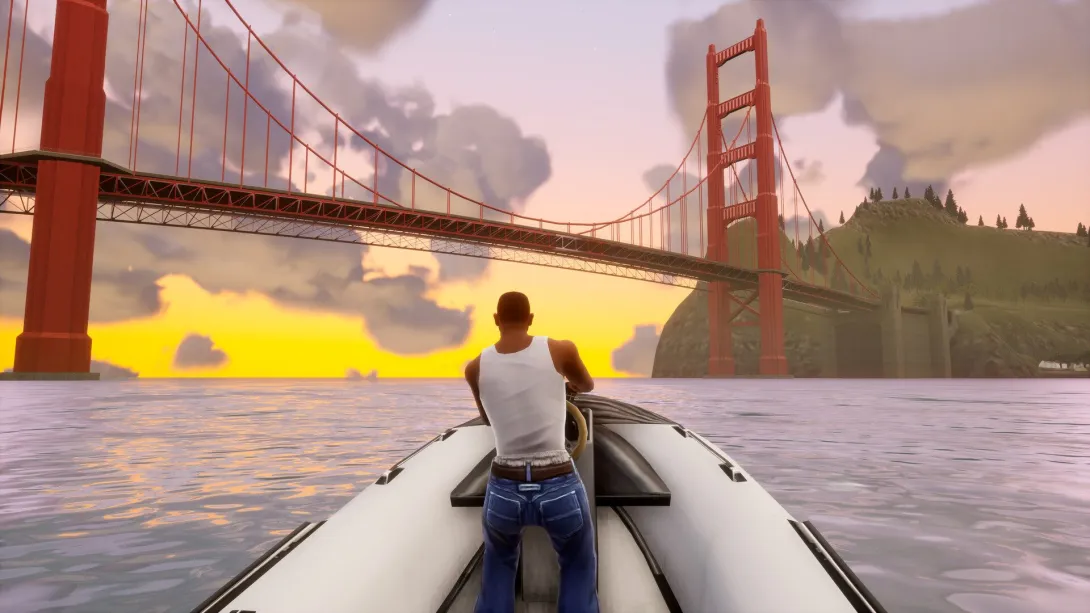 CJ płynie pontonem w stronę dużego czerwonego mostu o zachodzie słońca w GTA San Andreas Definitive Edition