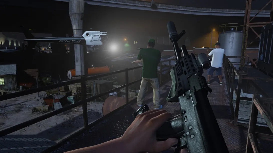 Strzelanina z perspektywy pierwszej osoby na terenie przemysłowym w GTA 5
