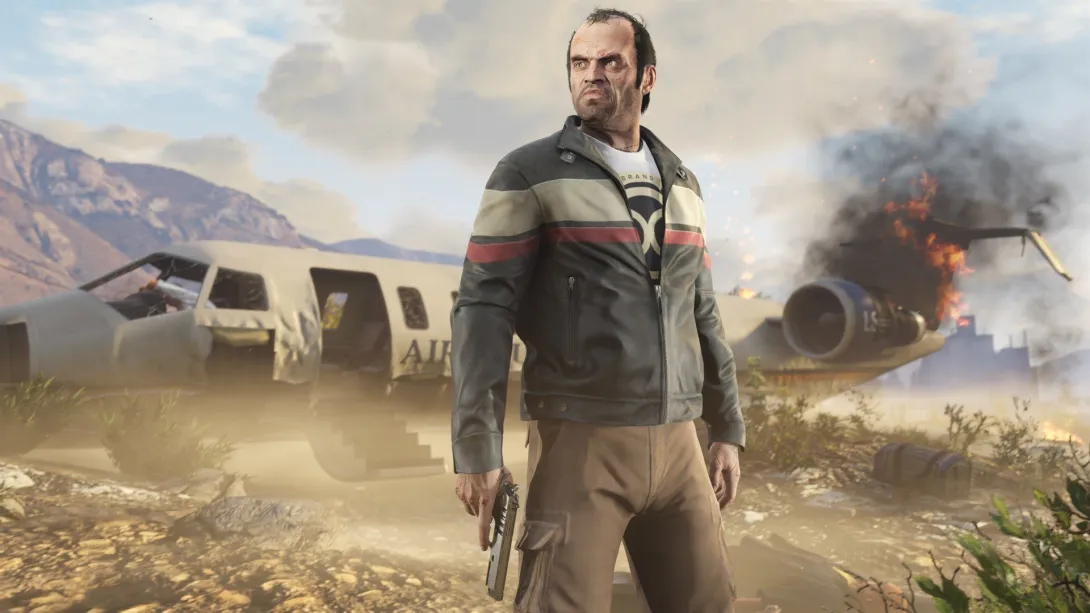 Trevor con una pistola frente a los restos en llamas de un avión, GTA 5