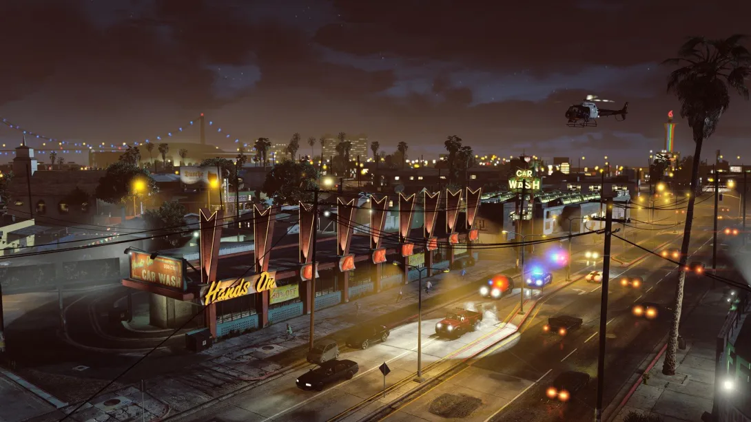 Нічне місто з неоновими вивісками й поліцейськими мигалками, GTA 5