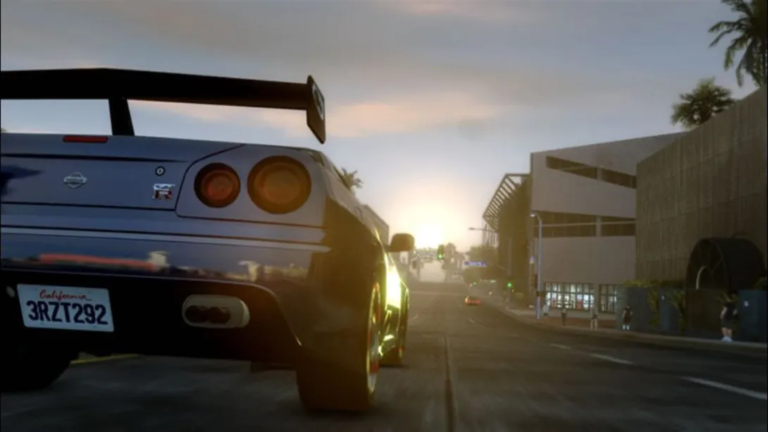 Midnight Club: Los Angelesta gün batımında Los Angeles sokağında spor araba