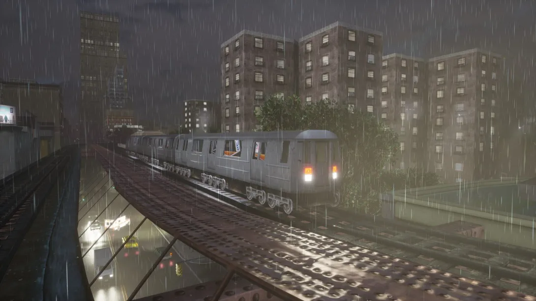 The Trilogy – The Definitive Edition’daki GTA III’te yağmurlu bir gecede Liberty City’de yükseltilmiş tren